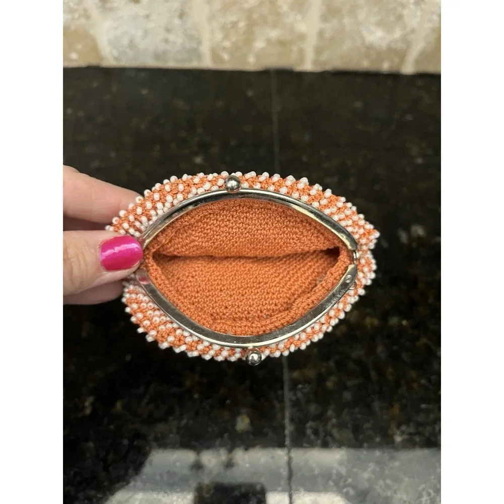 Vintage Orange Pearl Beaded Clasp Change Coin Purse Antique Old‎ Money